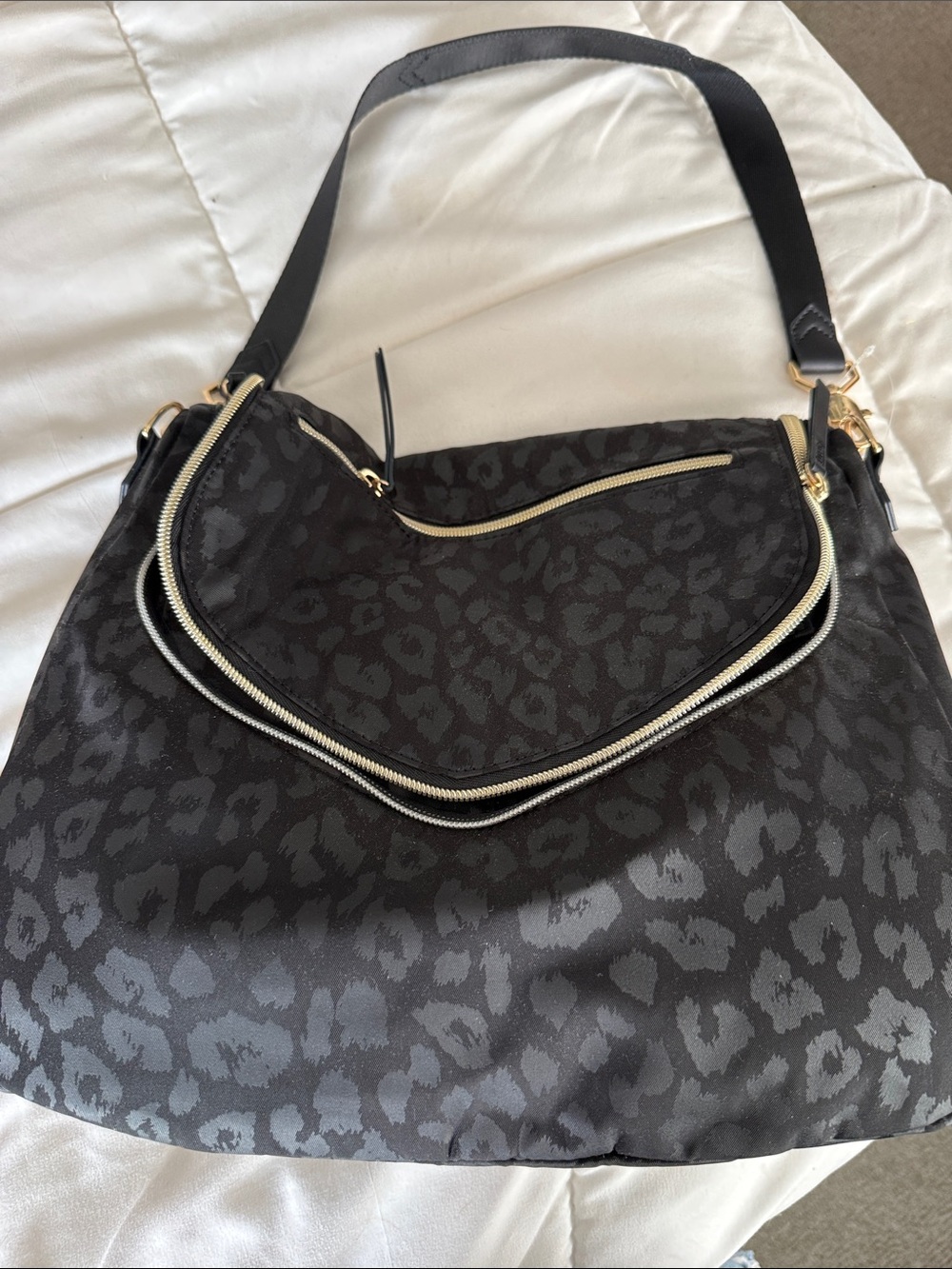 Lia Sophia Black Leopard-Print Shoulder Bag with Gold Hardware